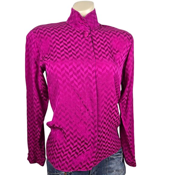 Vtg Anne Klein II 100% Silk Top Sz 4 Pink Chevron Print Long Sleeve High Collar - Picture 1 of 9